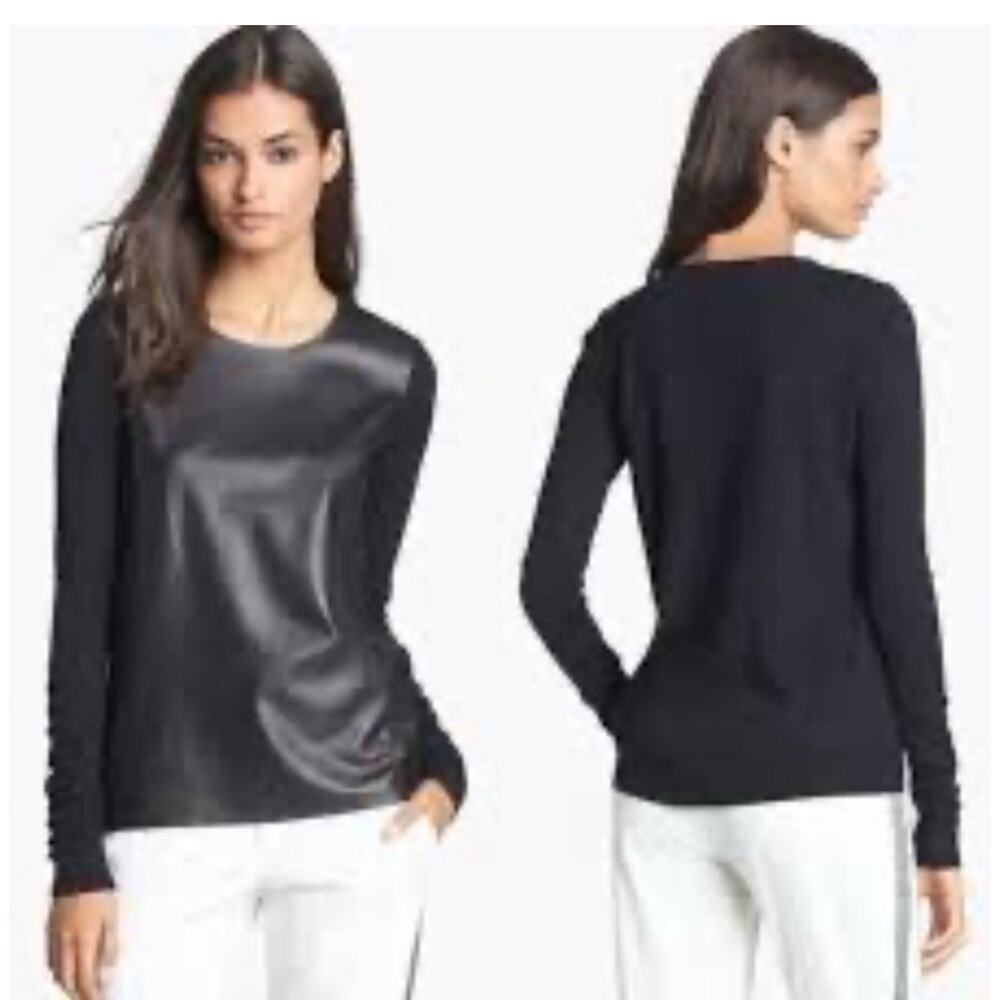 Vince Black Lamb Leather Wool Long‎ Sleeve Crew Neck Sweater Women's Size Small
